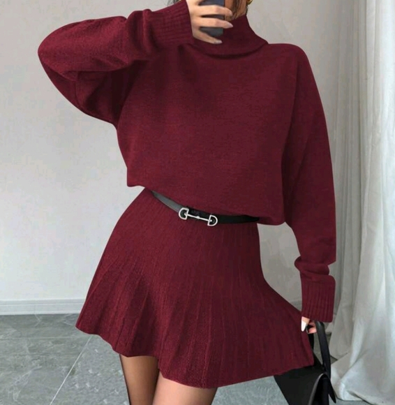 2pcs/Set Solid Color Loose Casual Pleated Skirt And Turtleneck